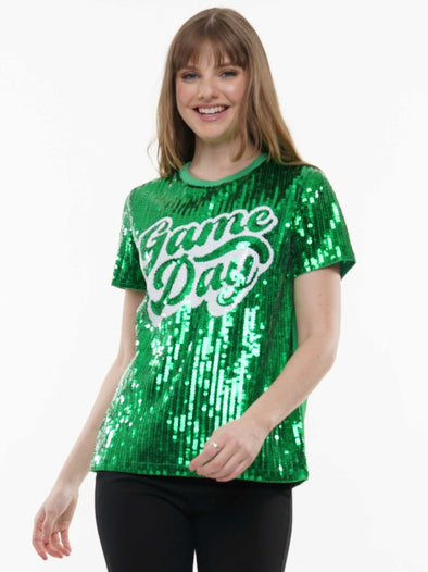 Green And White Sequined Game Day Top
