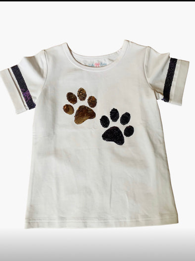 Toddler Purple And Gold Sequin Paw Tee