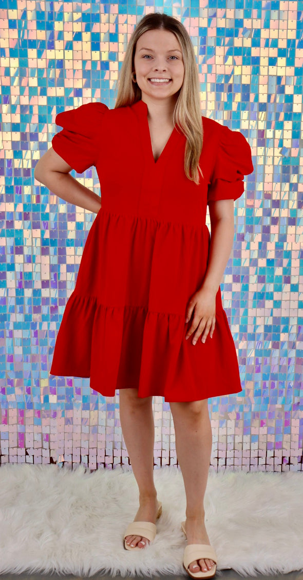 Solid V Neck puff Sleeve Mini Dress In Red Or Chambray