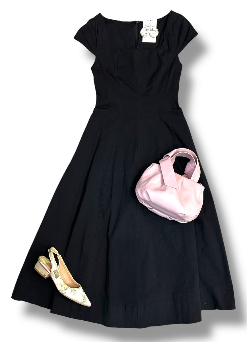 square neck cap sleeve dress Black Square Neck Cap Sleeve Midi Dress M