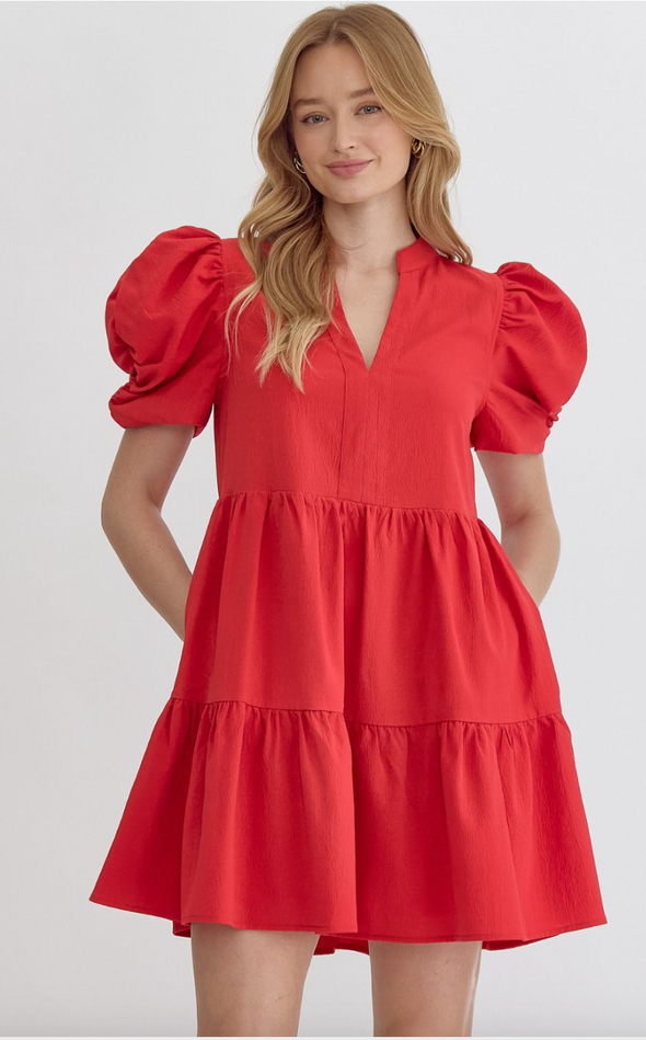 Solid V Neck puff Sleeve Mini Dress In Red Or Chambray