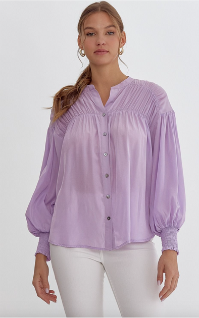 Lavender Solid V Neck Button Up Long Sleeve Blouse