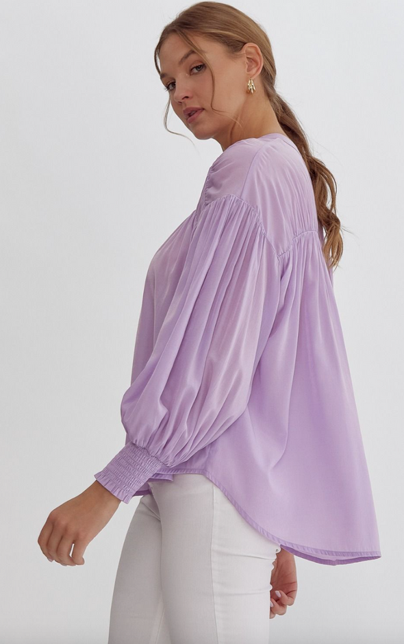 Lavender Solid V Neck Button Up Long Sleeve Blouse