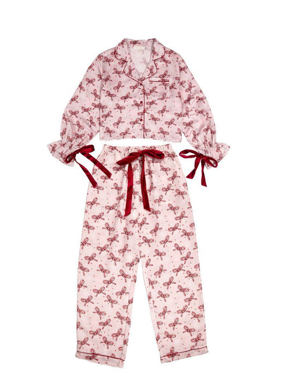 Festive Bows Long Sleeve and Pant Pajama Set (XS-XXL)