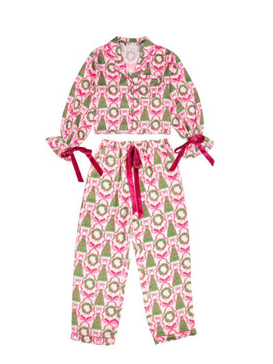 Youth Christmas Wreaths Long Sleeve And Pant Pajama Set