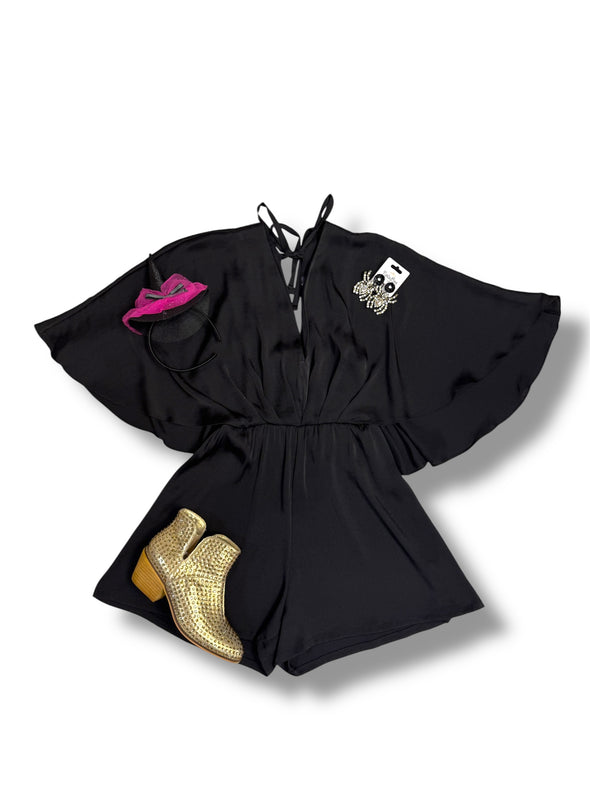 Washed Satin V Neck Pleated Front Romper