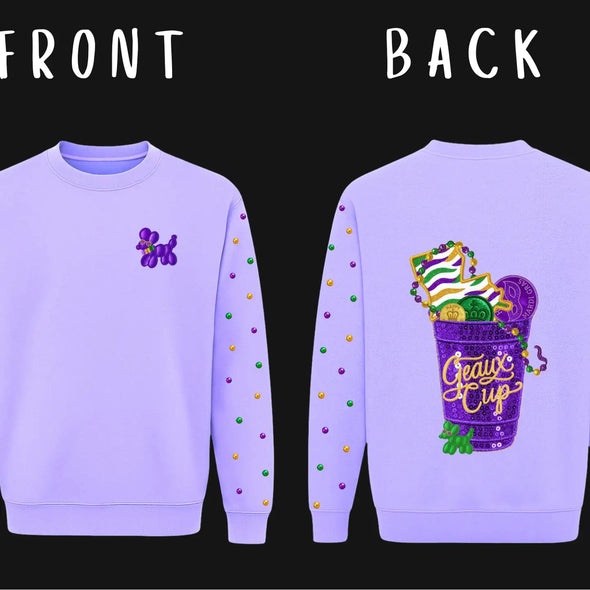 Purple Mardi Gras Geaux Cup Sweatshirt With Pearl Sleeves (XS-XXL)