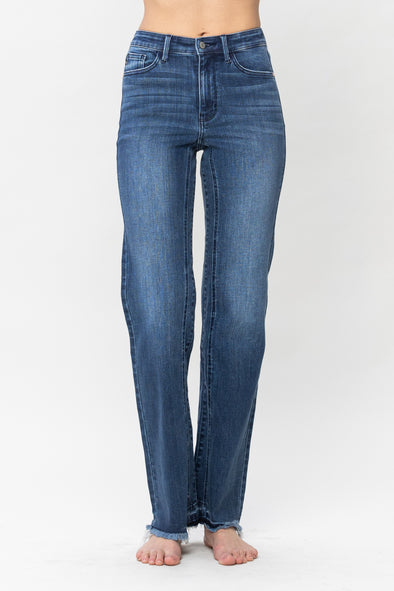 High Waisted Detail and Release Hem Straight Leg Jeans