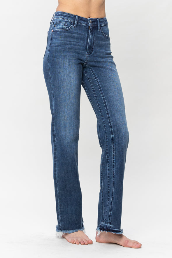 High Waisted Detail and Release Hem Straight Leg Jeans