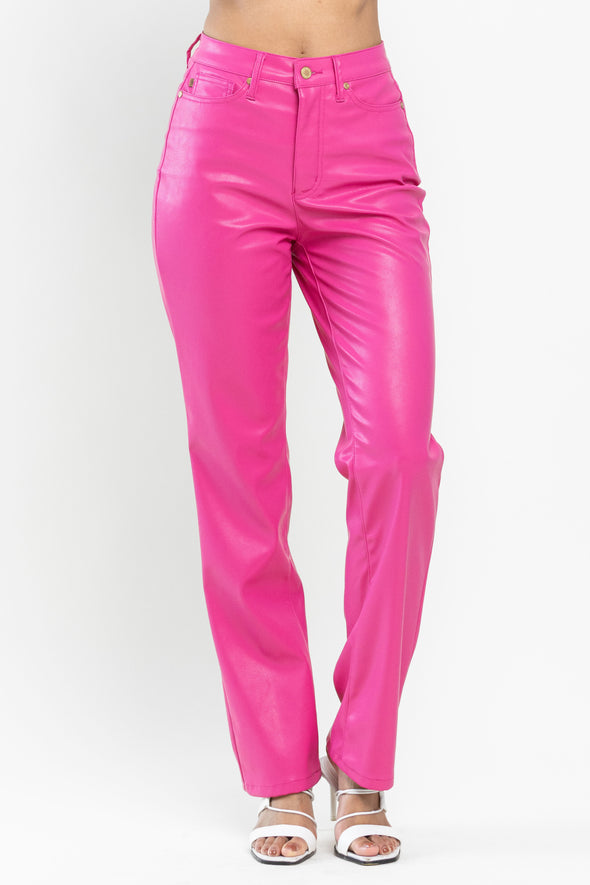 High Waisted Tummy Control Faux Leather Straight In Espresso Black Or Hot Pink
