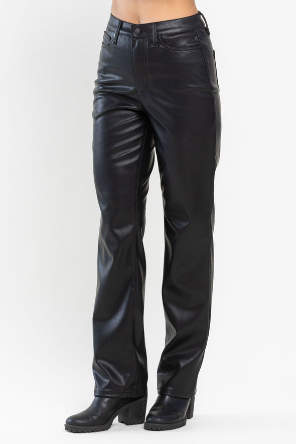 High Waisted Tummy Control Faux Leather Straight In Espresso Black Or Hot Pink