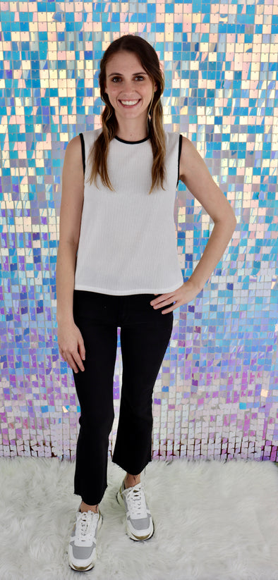 White Ribbed Tank With Black Piping Detail