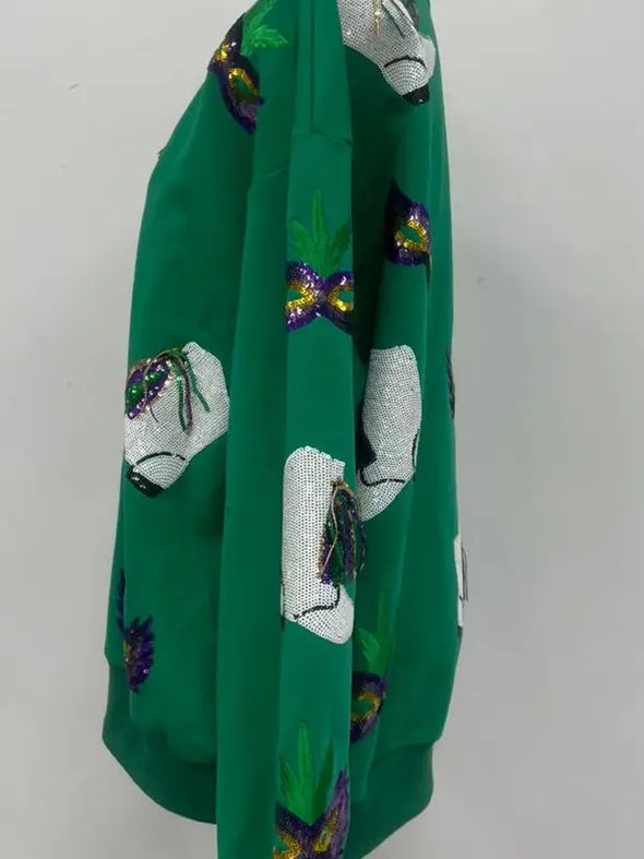 Green Mardi Gras Boots And Masks Sequined Sweatshirt (XS-XXL)