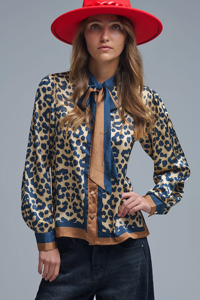 Leopard Print Button Down Blouse With Neck Tie