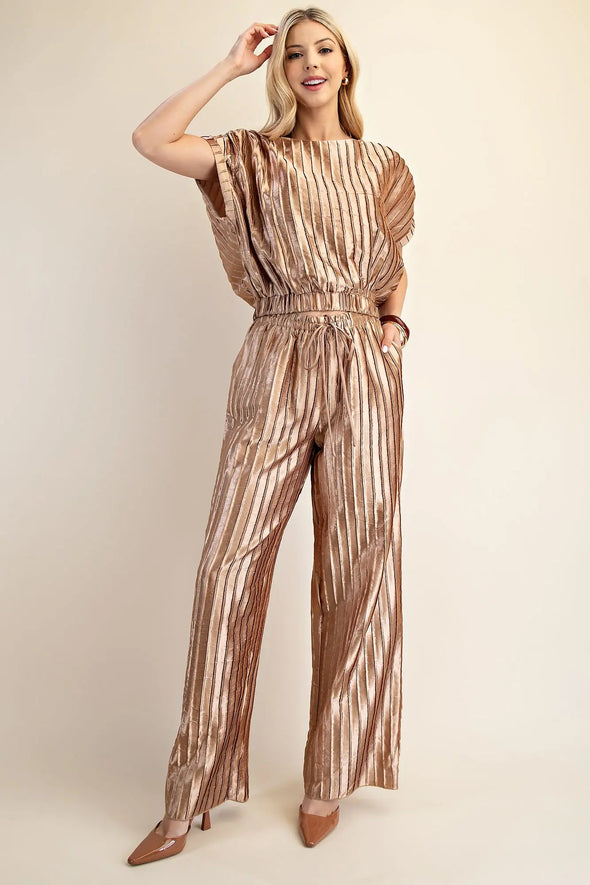 Gold Pleated Short Sleeve Crop And Pant Set (SOLD SEPARATELY)