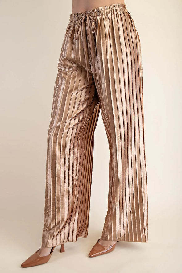 Gold Pleated Short Sleeve Crop And Pant Set (SOLD SEPARATELY)