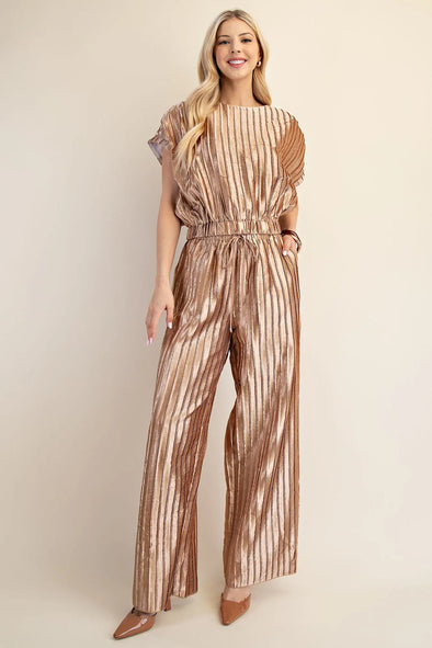 Gold Pleated Short Sleeve Crop And Pant Set (SOLD SEPARATELY)