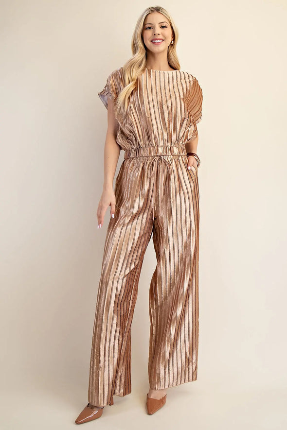Gold Pleated Short Sleeve Crop And Pant Set (SOLD SEPARATELY)