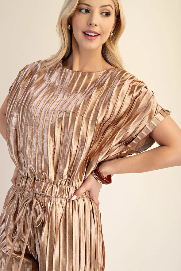Gold Pleated Short Sleeve Crop And Pant Set (SOLD SEPARATELY)