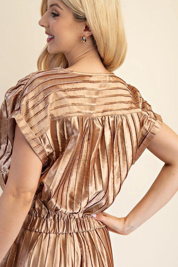 Gold Pleated Short Sleeve Crop And Pant Set (SOLD SEPARATELY)