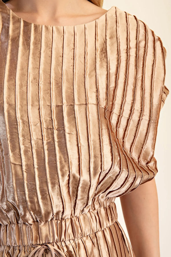 Gold Pleated Short Sleeve Crop And Pant Set (SOLD SEPARATELY)