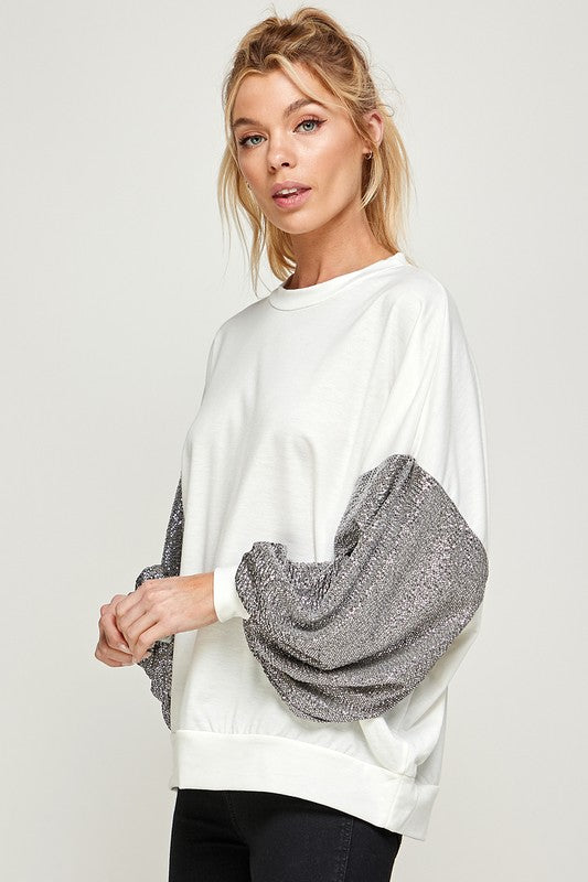 Solid Knit Top With Shiny Sleeves In Rose Or Olive