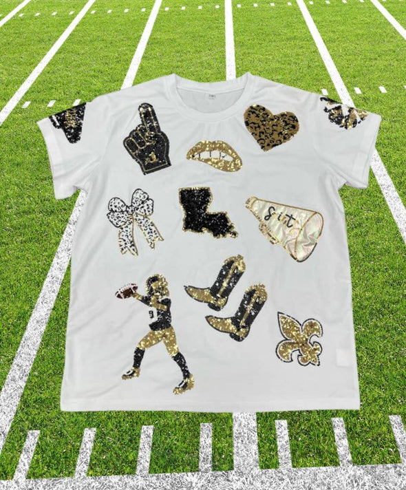 Black and Gold New Orleans Game Day Sequin Spirit T-Shirt