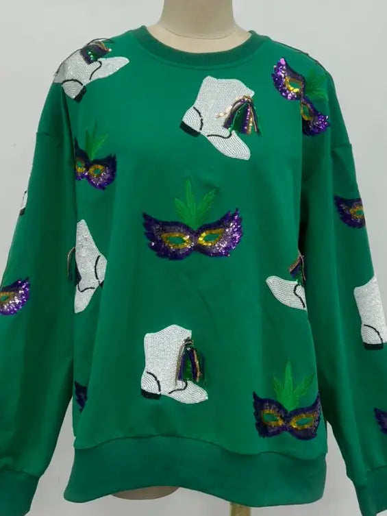 Green Mardi Gras Boots And Masks Sequined Sweatshirt (XS-XXL)