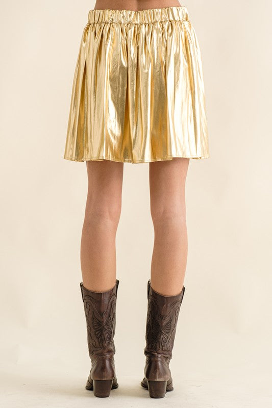 Foil Metallic Elastic Waist Mini Skirt