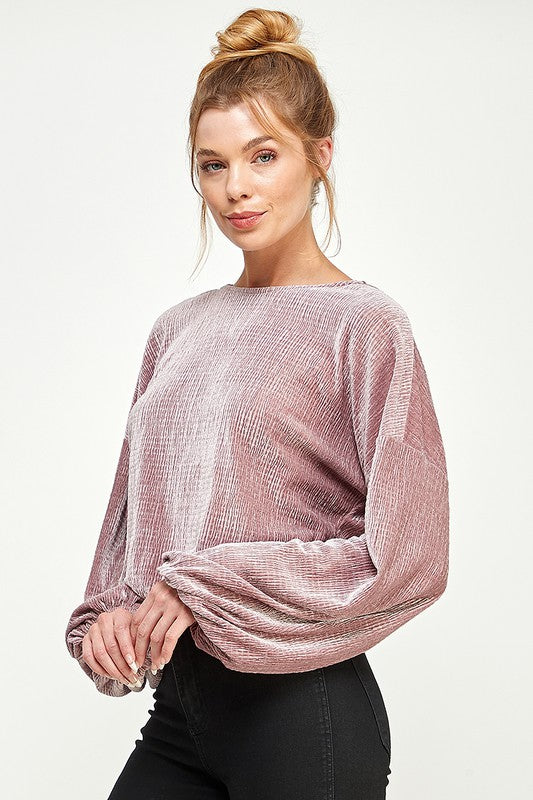 Velvet Bubble Long Sleeve Crop Top In Mauve Or Charcoal