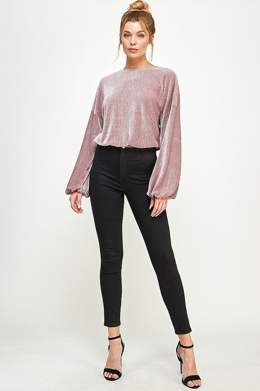 Velvet Bubble Long Sleeve Crop Top In Mauve Or Charcoal