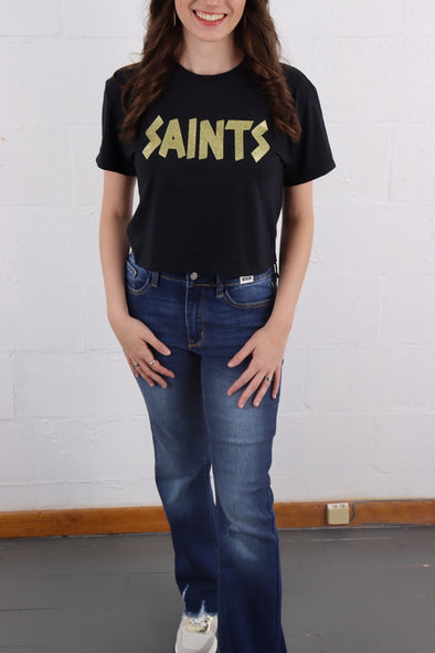 Saints Gold Glitter Black Crop Top