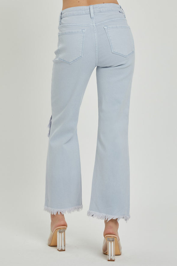 High Rise Knee Distressed Straight Jeans in Light Pink and Ice Blue