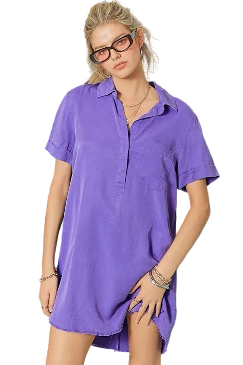 Short Sleeve Washed Denim Dress in Purple S Short Sleeve Washed Denim Dress in Purple S