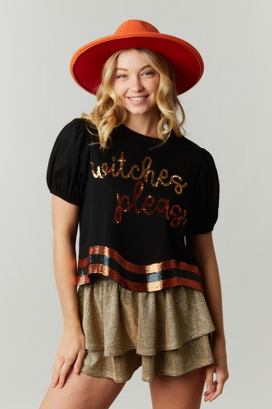 Witches Please Sequin Embroidered Curved Hem Top