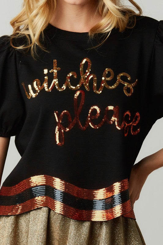 Witches Please Sequin Embroidered Curved Hem Top