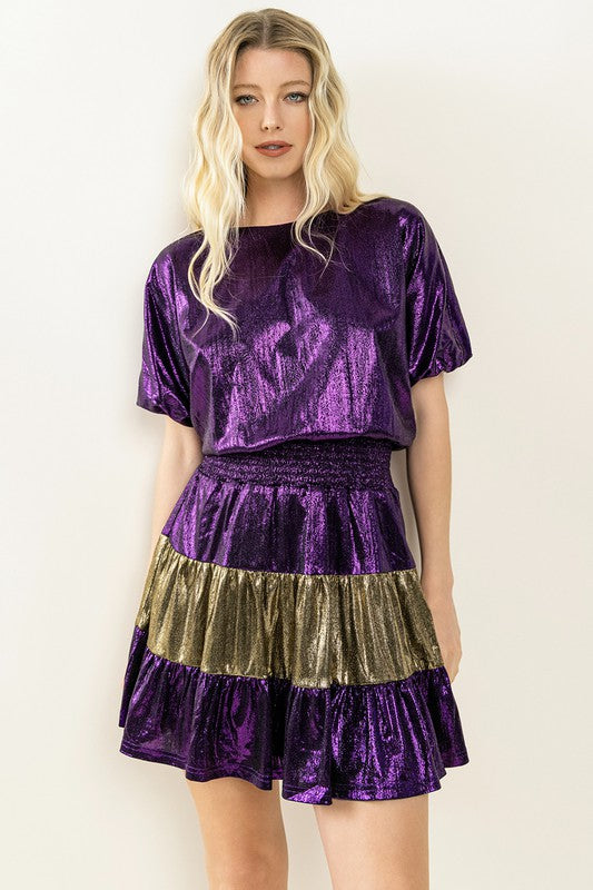 Purple And Gold Metallic Bubble Sleeve Dress