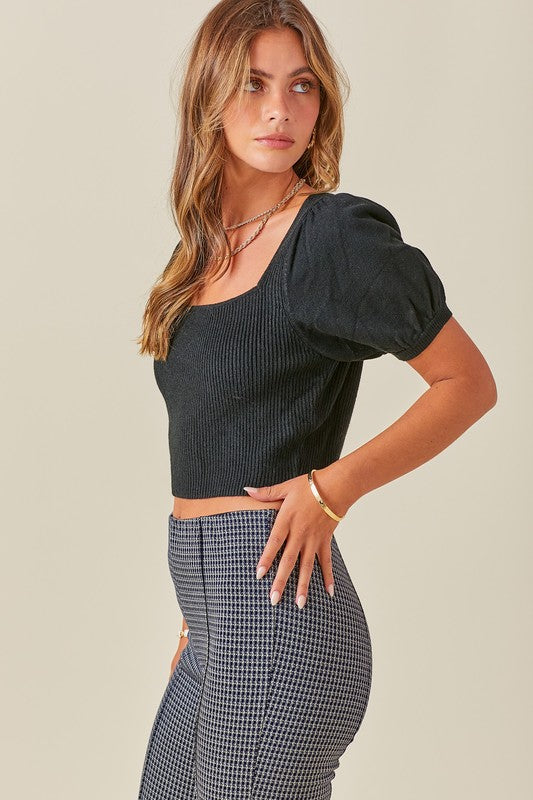 Cropped Square Neck Sweater Top With Sleeve Detail