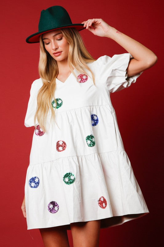 Sequin Ornament Faux Leather Dress