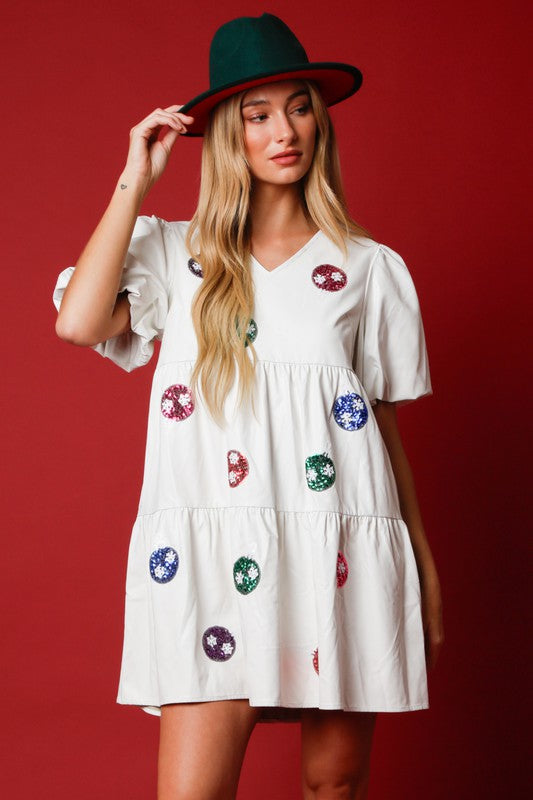 Sequin Ornament Faux Leather Dress