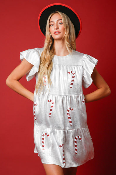 Christmas Sequin Candy Cane Patch Metallic Dress