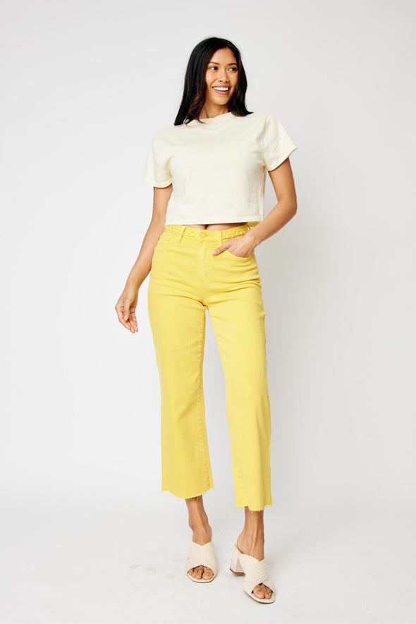 Judy Blue HW Garment Dyed Braided Waistband Crop Wide Leg