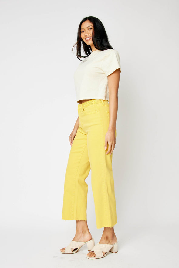 Judy Blue HW Garment Dyed Braided Waistband Crop Wide Leg