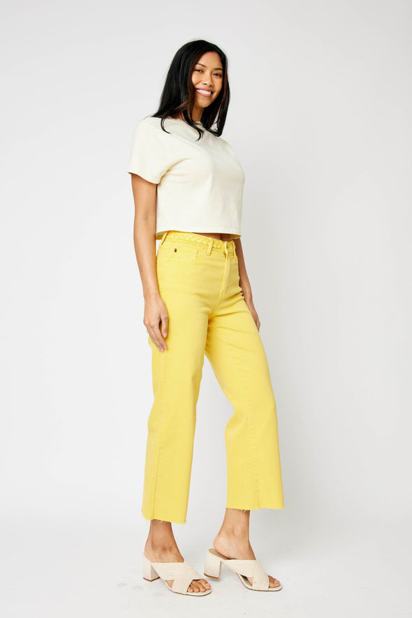 Judy Blue HW Garment Dyed Braided Waistband Crop Wide Leg