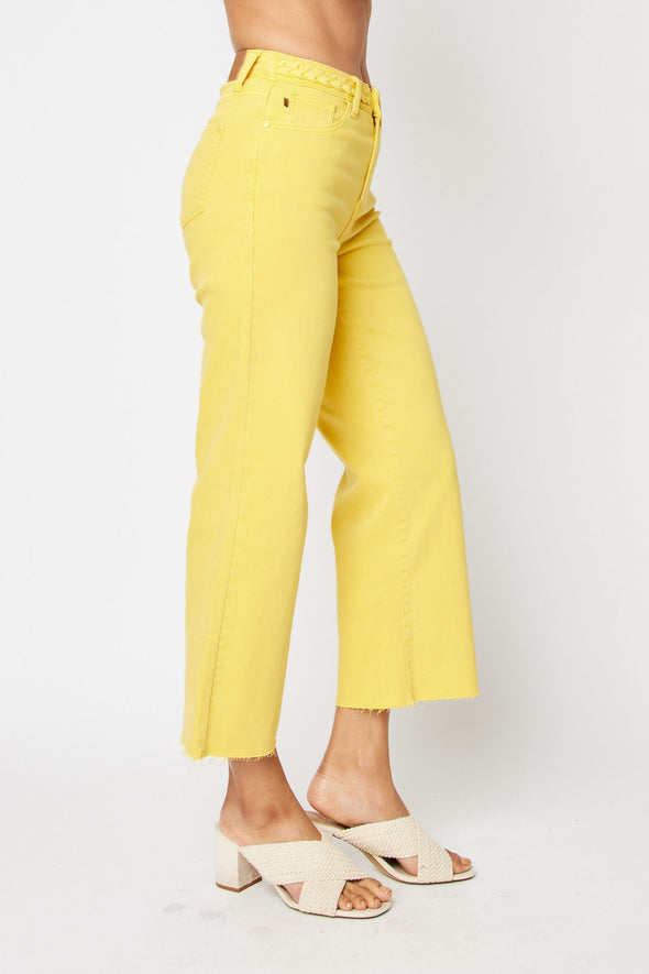 Judy Blue HW Garment Dyed Braided Waistband Crop Wide Leg