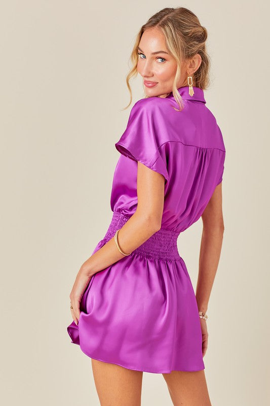 Satin Button Down Smocked Waist Shirt Mini Dress In 2 Colors