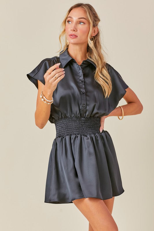 Satin Button Down Smocked Waist Shirt Romper Dress In 2 Colors