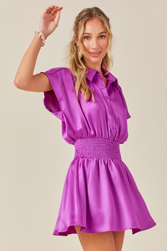 Satin Button Down Smocked Waist Shirt Romper Dress In 2 Colors