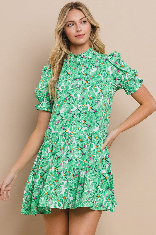 Floral Button Down Dress In Green Or Red