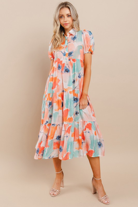Floral Printed Collared Midi Shirt Dress in Lavender or Orange